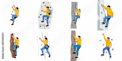 Vector illustration set of a young man rock climbing and bouldering, depicting various dynamic poses on different artificial climbing walls and surfaces.