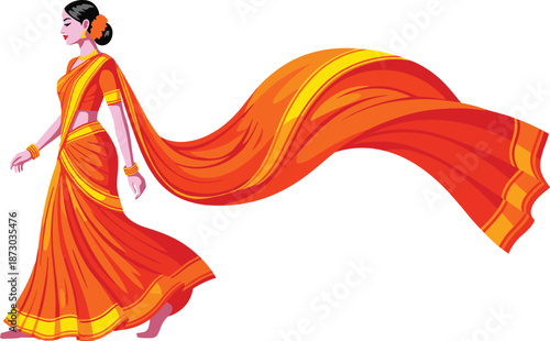 Woman in orange and yellow sari with flowing fabric traditional