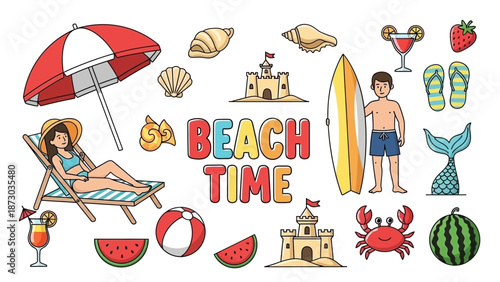 Vibrant Summer Beach Scene with Relaxing People and Beach Accessories