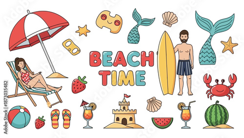 Cute Beach Time Illustrations: Surfboard, Umbrella, and Tropical Drinks on White Background