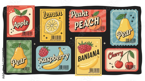 Retro Fruit Labels Set Featuring Apples, Pears, Lemons, Peaches, Bananas, Raspberries, and Cherries