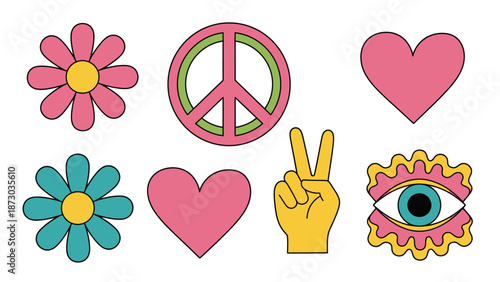 Retro Peace Sign, Hearts, Flowers, and Psychedelic Eye Symbols
