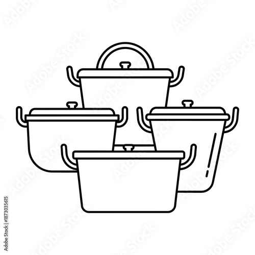Set of Four Cooking Pots, Kitchenware, Cooking Utensils, Black and White Line Art