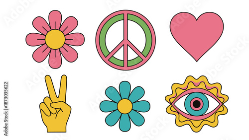 Retro Hippie Style Icons: Peace Sign, Flowers, Heart, Hand, and Evil Eye