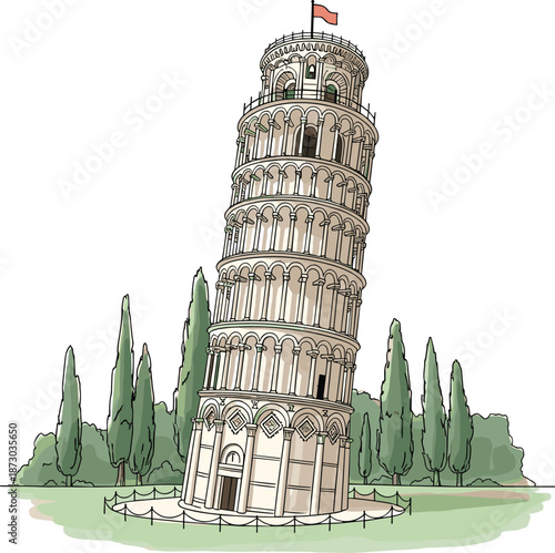 Leaning Tower of Pisa illustration, famous Italian landmark travel drawing, historic architecture sketch isolated on white background art