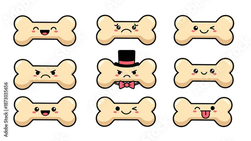 Cute Dog Bone Emoticons Set with Happy, Sad, Angry, and Winking Expressions