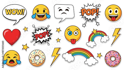 Bright and Colorful Comic Style Stickers with Emojis, Heart, Rainbows, and Doughnuts
