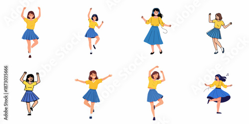 Diverse set of eight animated young women dancing joyfully in dynamic poses, wearing yellow tops and blue skirts, symbolizing happiness and freedom.