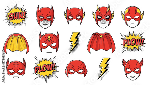 Superhero Icons Set: Masks, Capes, and Comic Book Sound Effects