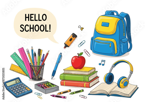 School supplies and books with apple and headphones for education