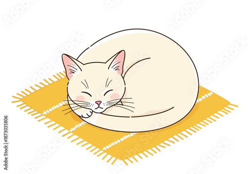 Cute cartoon cat sleeping peacefully on a yellow blanket indoors