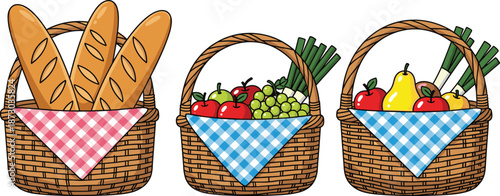Three wicker picnic baskets with bread and fruit wicker baskets apples