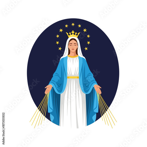 Illustration of the virgin mary in a blue robe and crown with stars