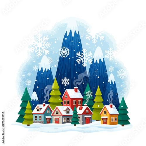 Colorful winter village scene with snowflakes and trees in a snowy landscape with houses