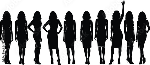 Business women silhouette group standing together, leadership teamwork concept, professional female figures vector illustration isolated on white background