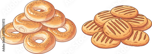 Toasted bagels and cookies stacked on white background food baked goods