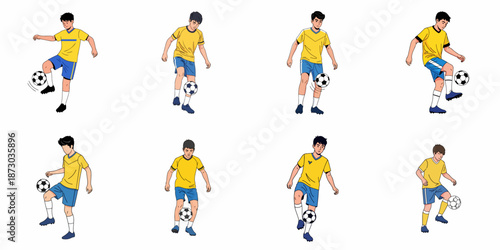 Eight illustrations showing a young football player practicing soccer ball control and juggling skills in different dynamic poses, isolated vector art set.