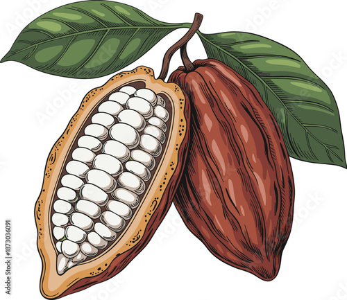Cacao pod illustration, tropical fruit artwork, chocolate source design, exotic plant drawing, agricultural crop image, natural seed anatomy, botanical educational graphic