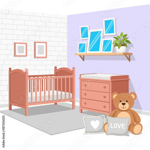 A pink crib and dresser in a nursery with a teddy bear and pillows on the floor beside it all