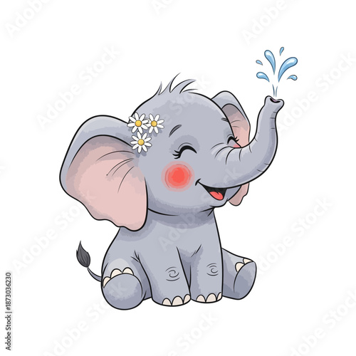 A cute cartoon elephant spraying water with a flower on its head