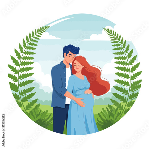 A cartoon illustration of a pregnant couple standing in a field with ferns