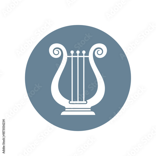 A white harp icon on a blue circle background