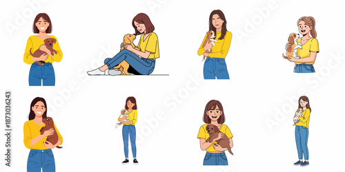 Vector illustration set of happy young women in casual clothes bonding with and holding adorable puppies, showcasing pet love and companionship.