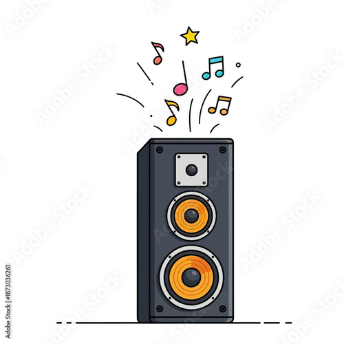 A cartoon illustration of a speaker with music notes coming out of it
