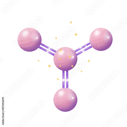 Pink molecule with purple bonds and gold stars