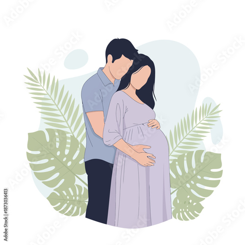 Loving couple expecting a baby with green leaves