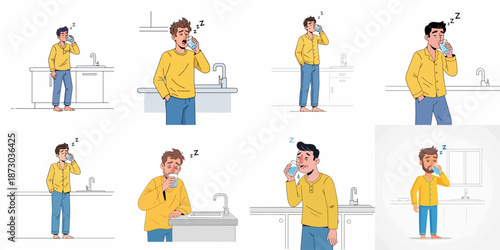 Tired or Sleepy Man in Pajamas Drinking Water from a Glass in the Kitchen, Illustrating Morning Hydration and Struggle with Waking Up.