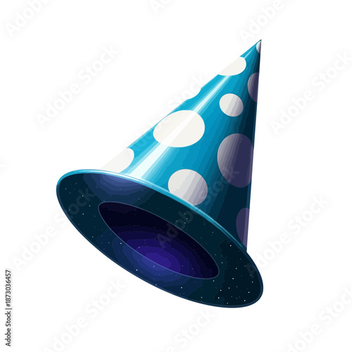 A blue party hat with white polka dots