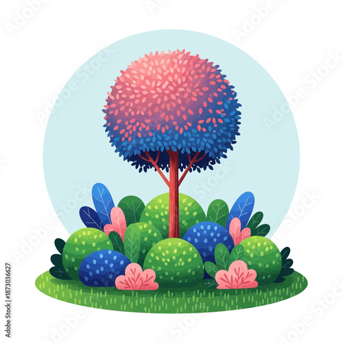 A whimsical tree with pink and blue leaves for creative projects