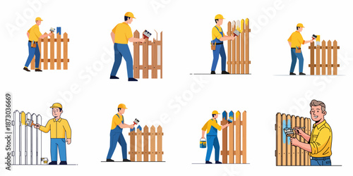 Professional Handyman or Homeowner Painting a Picket Fence Set, Illustrating House Exterior Repair and Maintenance Work.