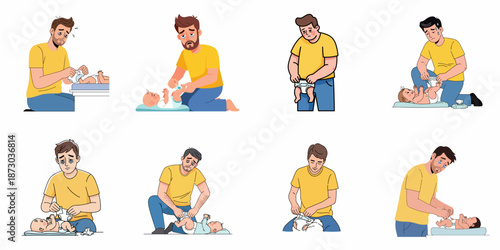 Struggling tired father changing baby diaper, depicting the exhaustion and challenge of newborn parental routine and childcare duties.