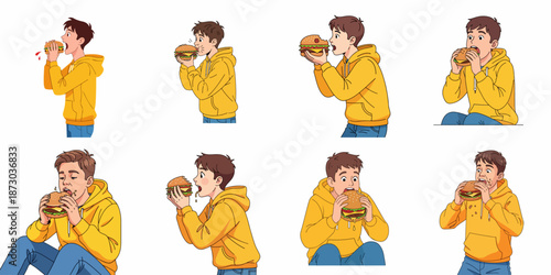 Vector set of a young man enjoying a giant cheeseburger, depicting various messy and excited eating poses on a white background.