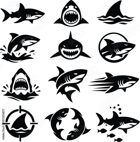 Shark Silhouette Icon Set Collection.