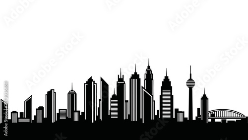 Modern City Skyline Silhouette, Black and White Urban Landscape
