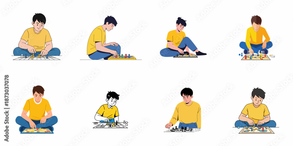 Fototapeta premium Vector illustrations of boys or young men sitting and intensely playing classic board games such as chess and Ludo.