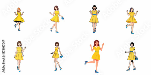 Collection of Eight Happy Women in Yellow Dresses and Blue High Heels Posing and Walking, Flat Cartoon Vector Illustration Set Isolated on White.