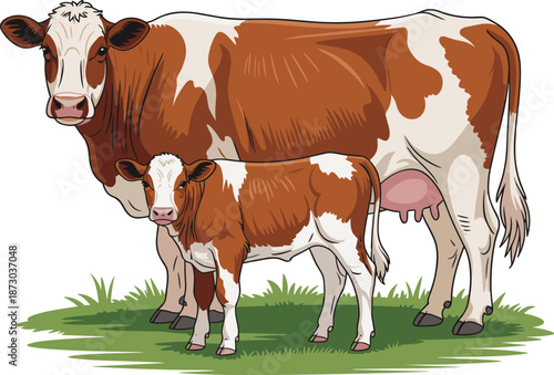 Cow and calf illustration, farm animal artwork, dairy cattle drawing, rural livestock design, agricultural nature element, protective mother cow, baby calf, pasture