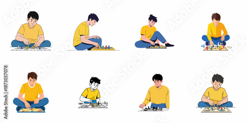 Vector illustrations of boys or young men sitting and intensely playing classic board games such as chess and Ludo.