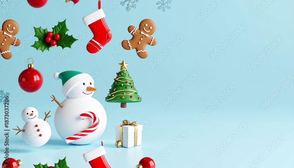 Naklejka premium Christmas tree, ball, snowman, holly berry, gingerbread man, caramel cane, and present box on a blue background for the winter holiday, New Year's, and Christmas concept. banner. Copy the space