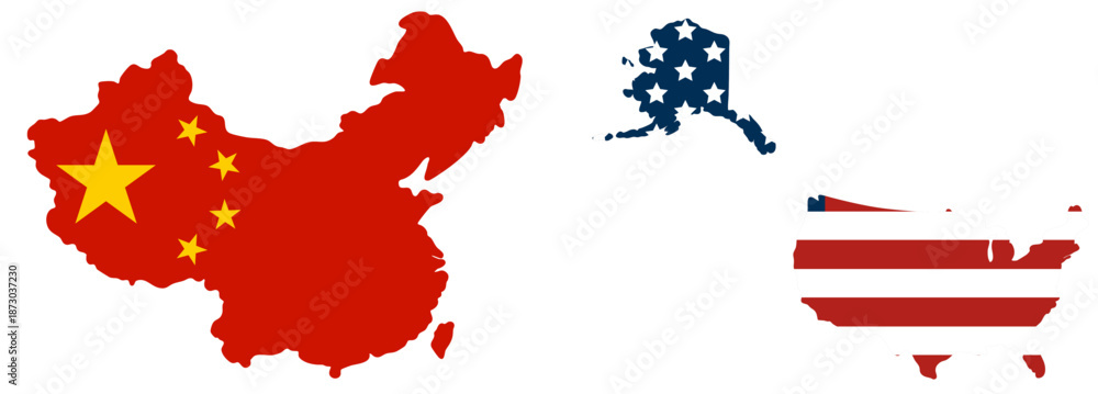 Obraz premium China and United States Map with Flags, Global Trade Dependency, Economic Relationship and Industrial Supply Chain Connection Between USA and China, World Map Political and Business