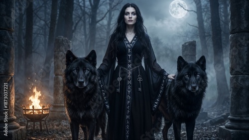 Hecate goddess standing in moonlit forest, flanked by black wolves or dogs, with torches, embodying witchcraft, crossroads, magic, darkness, ancient wicca mythology.