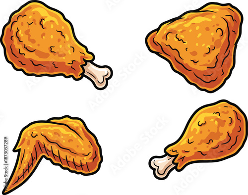 Fried chicken pieces with bones on white background chicken legs chicken wings food