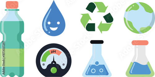Eco friendly with bottle water drop recycling symbol globe beaker and p H meter
