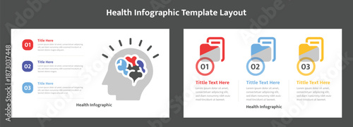 Health infographic layouts with brain icon and numbered folder icons