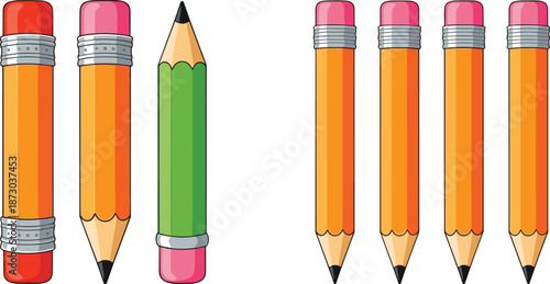 Colorful pencils with erasers on white background school supplies stationery