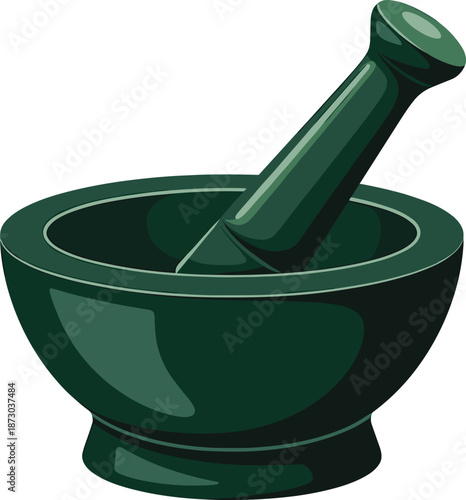 Dark green mortar and pestle illustration for herbal medicine, pharmacy icon, kitchen grinding tool, natural remedy, apothecary symbol, vector design